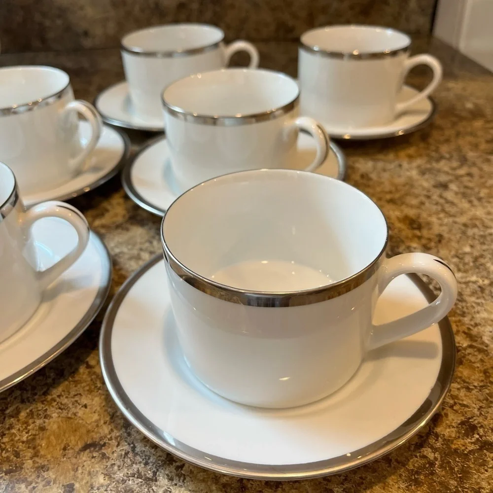 Pier 1 Monno Bangladesh Elegant White and Silver Tea Cups and Saucers Set of 6